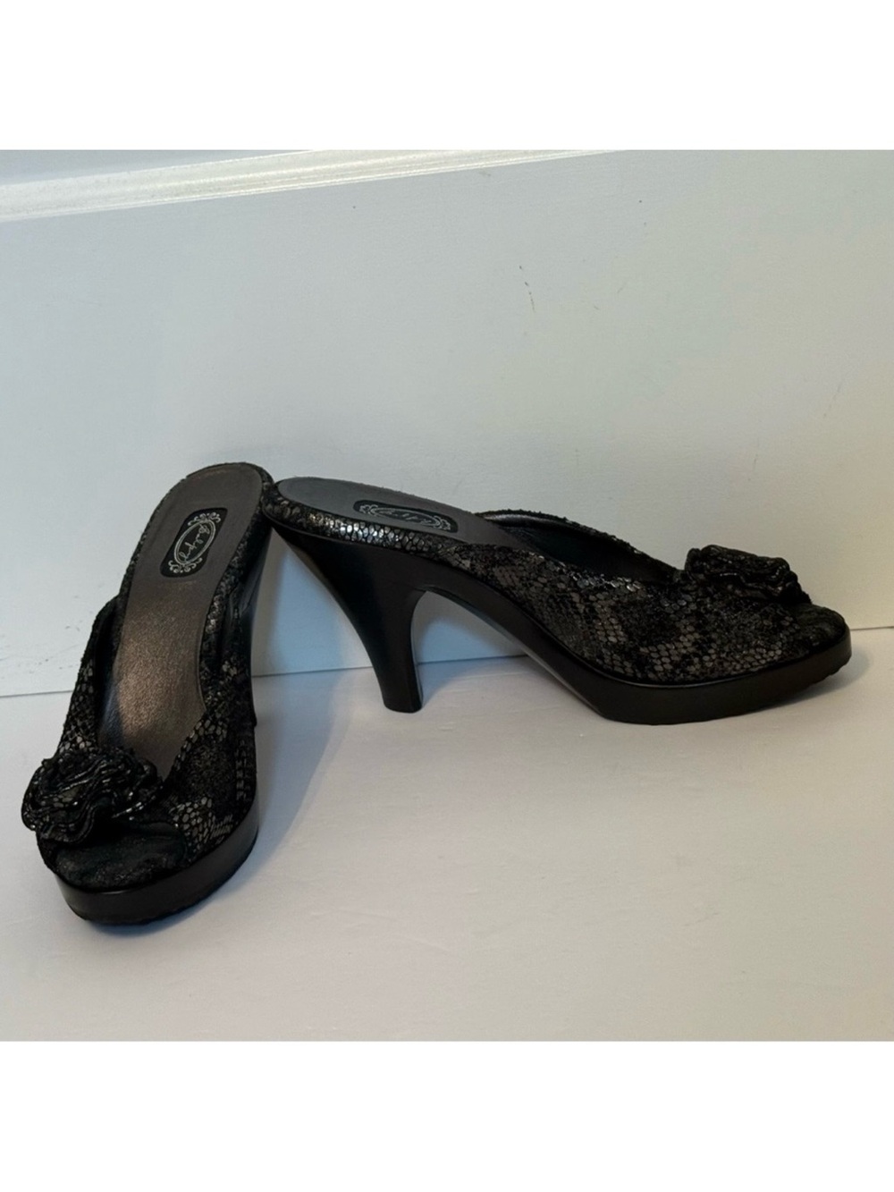 SALPY NEW HEELS SLIDES BLACK SILVER LEATHER HANDMADE SHOES REPTILE LOOK Size 10